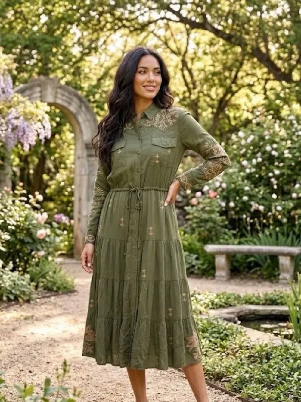 Johnny Was Olive Green Embroidered Midi Shirt Dress
